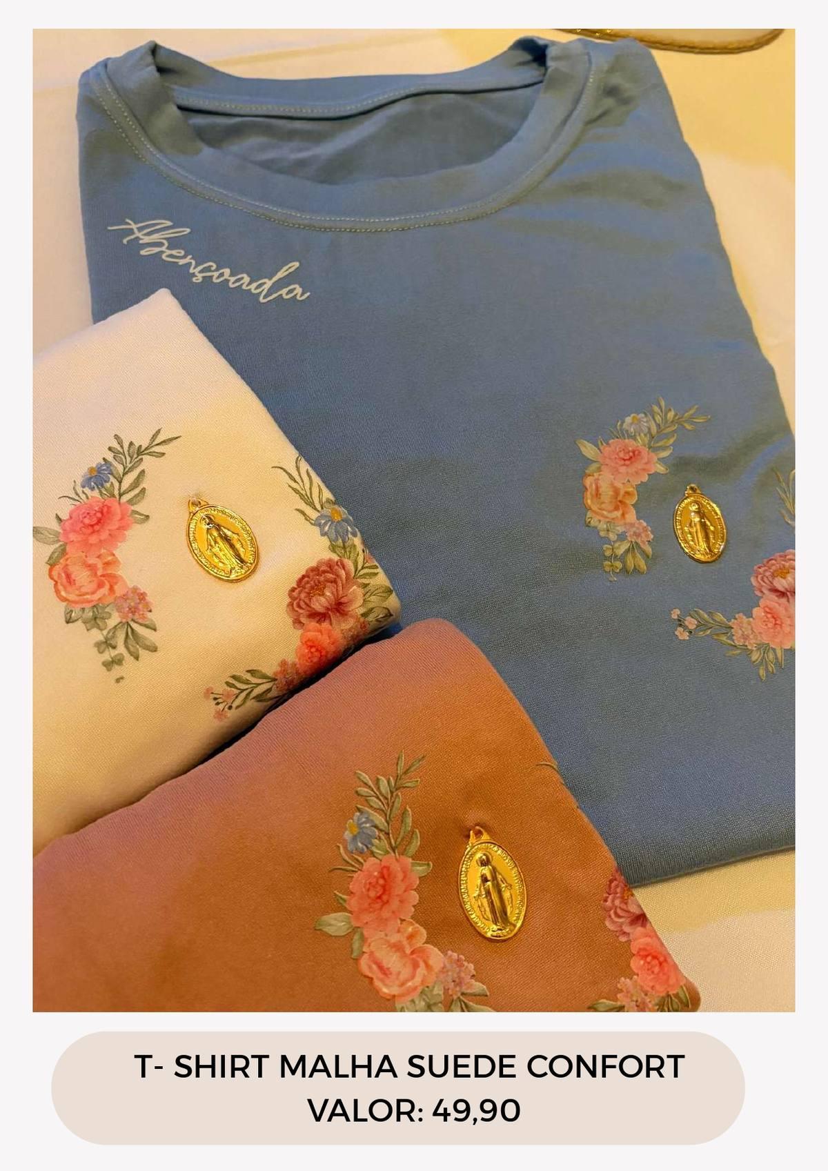T-SHIRT MEDALHA MILAGROSA - ROSA/BRANCA