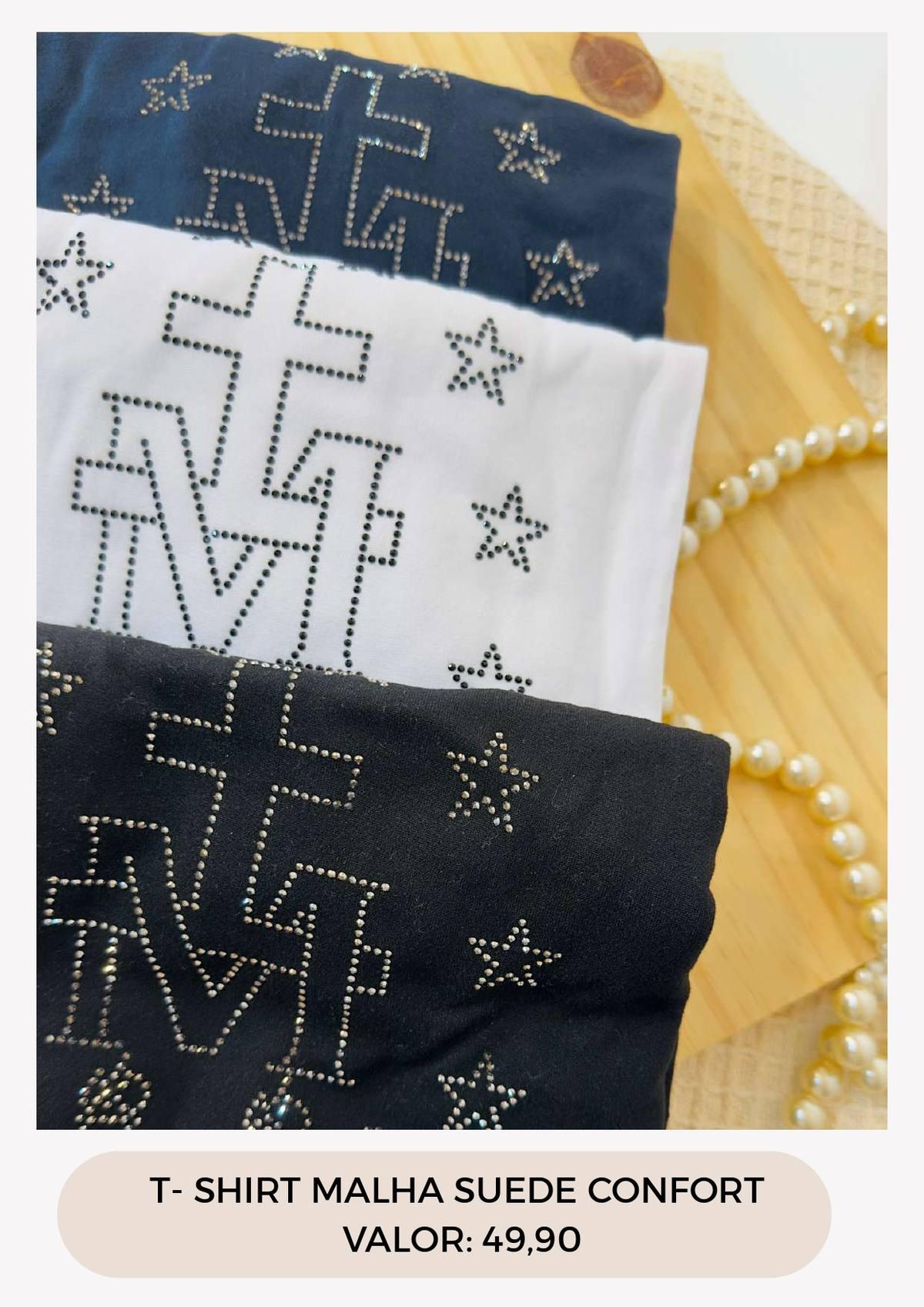 T-SHIRT MEDALHA MILAGROSA C/STRASS - AZUL MARINHO